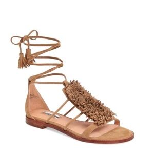 Halogen Eliza Tan Leather Suede Fringed Tassel Gladiator Flat Sandals Women’s
